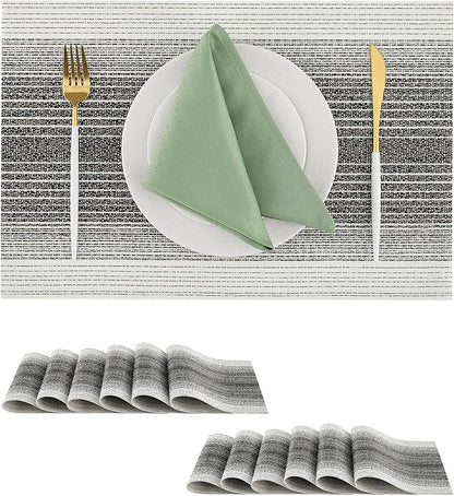 Leetaltree Black with White Woven Placemats Set of 12 - Heat Resistant Non-Slip Place mats for Dining Table, Washable Durable PVC Vinyl Woven Table Mats(Black with White, 12)