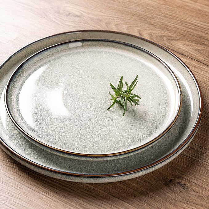 GBHOME Ceramic Dinnerware Sets for 8, 24 Pieces Stoneware Plates and Bowls Sets, Scratch Resistant Dishes, Dishwasher & Microwave Safe, Reactive Glaze-Green Wheat