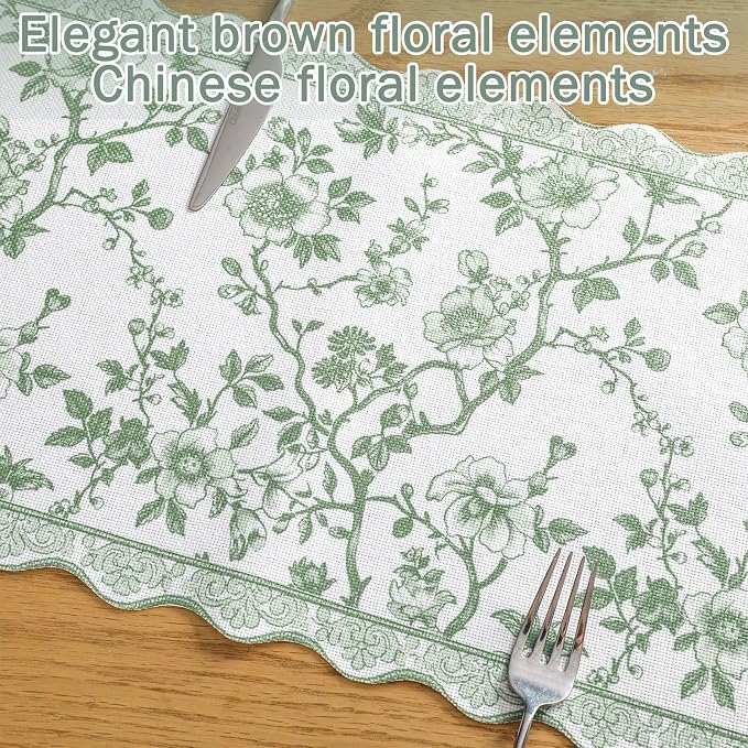 HunnmingRe 71x12 Inch Sage Green Floral Table Runner Vintage Table Runner - Image 5