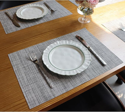 Placemats Set of 4,Heat Resistant Non-Slip Table Mats,Place mats for Dining Table,Washable Durable PVC Vinyl Woven Placemat（Light Gray）
