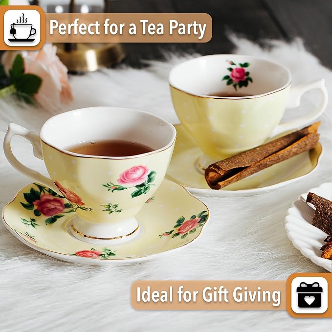 BTaT- Floral Tea Cups and Saucers, 8 oz, Fine Porcelain Teacup Set - Image 6