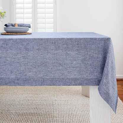Solino Home Linen Cloth Tablecloth 52 x 52 Inch - 100% Pure Linen Chambray Indigo Square Tablecloth - Athena, Machine Washable Table Throw for Spring, Easter