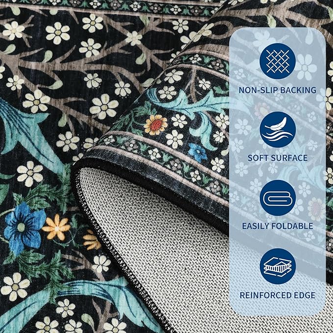 GarveeHome Black Floral 6 ft Round Rug Washable Non-Slip Soft Low Pile Circle Carpet Vintage Rugs for Kitchen Bedroom Nursery Dining Living Room