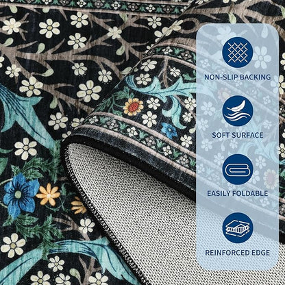 GarveeHome Black Floral 6 ft Round Rug Washable Non-Slip Soft Low Pile Circle Carpet Vintage Rugs for Kitchen Bedroom Nursery Dining Living Room
