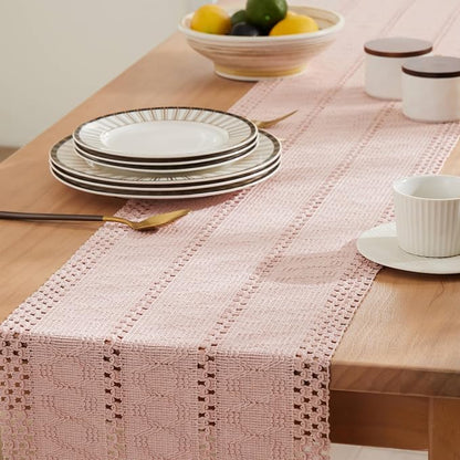 Macrame Style Boho Table Runner, 12x60 Inch Light Pink | Woven Boho Table Runner - Image 5