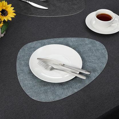Placemats and Coasters, Washable Reversible Placemats Round Faux Leather Wipeable Place Mats Non Slip Heat Resistant Indoor Outdoor Table Mats (Set of 4, Gray Light Blue)
