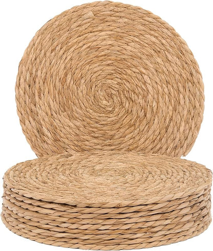 GENMOUS Woven Placemats Set of 10,12" Round Placemats Natural Water Hyacinth Boho Placemats,Farmhouse Rattan Chargers for Dinner Plates,Rustic Braided Wicker Table Mats for Dining Table,Home,Wedding