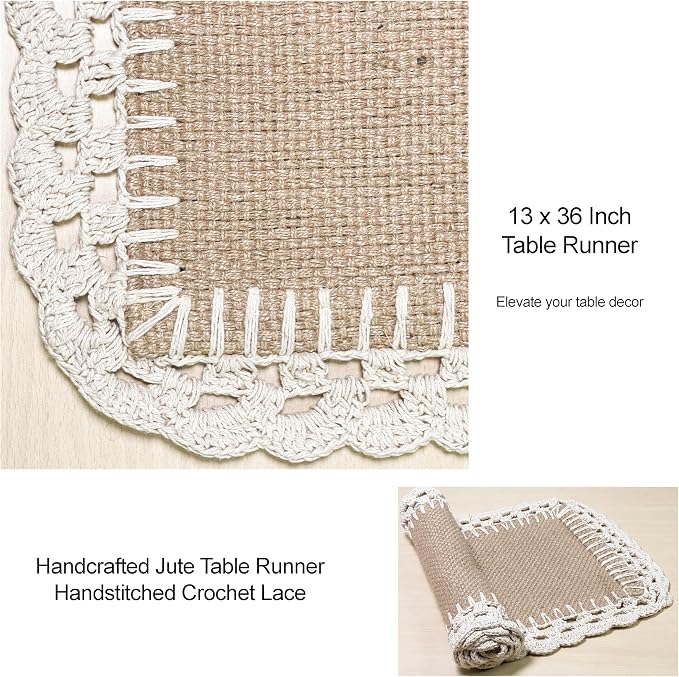Woven Jute with Ivory Handcrafted Crochet Border Decorative Table Runner - Image 7