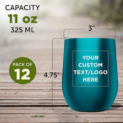 Custom Stemless Wine Glass Tumblers with Lids by Largo 11 oz. Set of 12, Personalized Bulk Pack - Perfect for Wine, Cocktails, Other Hot & Cold Beverages - Teal