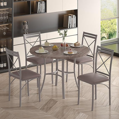VECELO 5 Piece Dining Table Set for 4, Wood Grain Dinette with Chairs for Kitchen, Breakfast Nook, Small Space, Light Grey