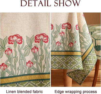 patdrea Designer Green Extra Long Tablecloth for Rectangle Table,Vintage Linen Leaves Pattern Table Cloth,Colorful Floral Cover Decor for Kitchen Dining Christmas Thanksgiving,67"x118"-Cecilia D