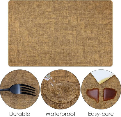 Placemats Set of 6 Faux Leather Heat Resistant Tables Mats Waterproof Oilproof Wipeable Reversible Anti-Slip Place Mats for Kitchen/Dining/Party/Outdoor 11.8" x 16.9", Caramel