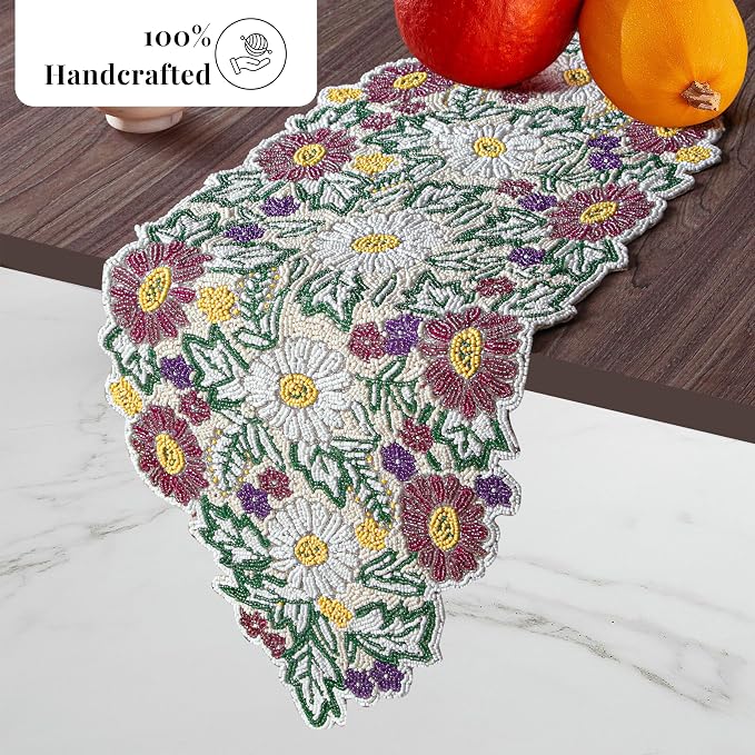 Spring Floral Beaded Table Runner, 13x36 | Glass beads, polyester backing - Image 7