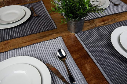 Sticky Toffee Woven Cotton Placemats Set of 4, Gray Ribbed 14 x 19 in, Washable Table Mats for Dining Table or Kitchen