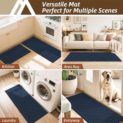 COSY HOMEER 48x20Inch/30X20Inch Kitchen Rugs Sets Non-Slip Washable Kitchen Mats for Floor Polypropylene Absorbent Kitchen Runner for Kitchen Sink Hallway Entryway,Navy Blue