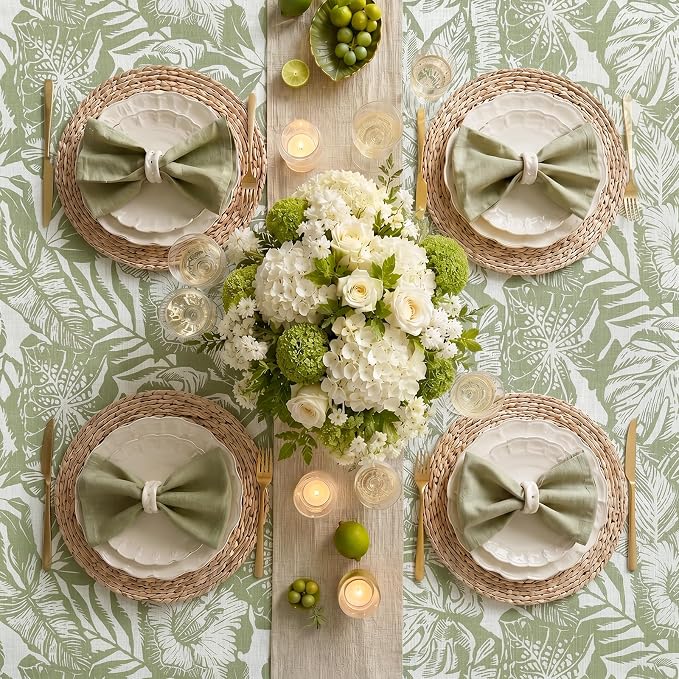 jinchan Green Tropical Floral Linen Rectangle Table Cloth 50x84 | - Image 7