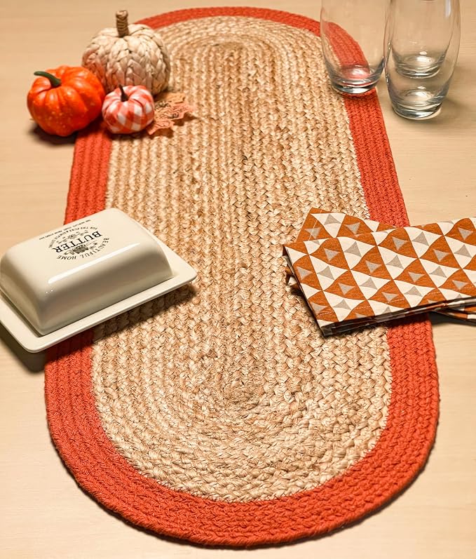 Verona Woven Jute & Cotton Table Runner, 13x36 Inches, Natural | Oval, Rust - Image 2