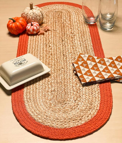 Verona Woven Jute & Cotton Table Runner, 13x36 Inches, Natural | Oval, Rust - Image 2