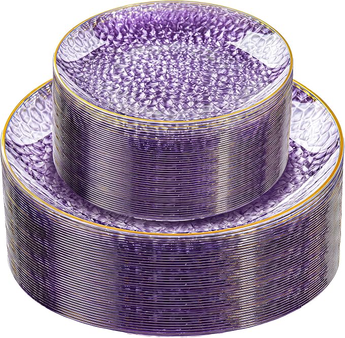 Rubtlamp 60Pcs Clear Purple Gold Plastic Plates, Hammered Plastic Plates by Rubtlamp