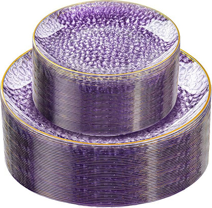 Rubtlamp 60Pcs Clear Purple Gold Plastic Plates, Hammered Plastic Plates by Rubtlamp
