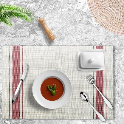 Placemats Set of 4 Vinyl Washable Red Stripe Placemats, 18"x12" Wipeable Heat-Resistant Non-Slip Easy Clean Table Mats Ideal for Dining Table Table Runner and Outdoor (4, Red Wide Stripe)