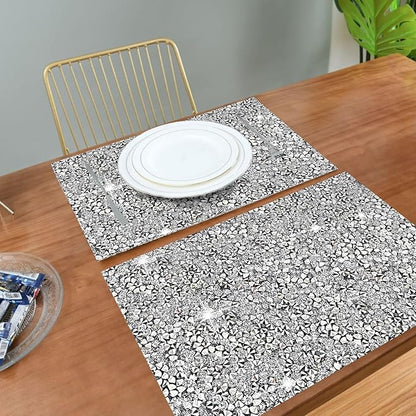 Silver Placemat Heat Resistant Square Trivet With Rhinestone Decor - Crushed Diamond Bling Sparkly Mat Set of 1