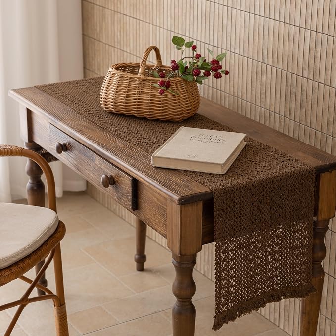 Fall Thanksgiving Boho Macrame Brown Table Runner 13x108 Inch | Woven Burlap - Image 3