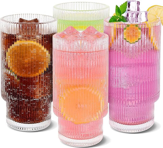 4 Pack Ribbed Drinking Glasses,Ribbed Glassware,11oz Ribbed Glass Cups,Clear Cocktail Drinking Glasses Vintage Fluted Glassware for Whiskey Beer Juice Cocktail Water