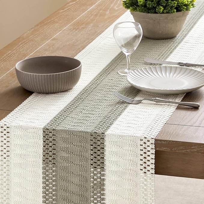 Macrame Style Bicolor Stitching Table Runner 14x108in Dark Sage | Woven Boho - Image 4