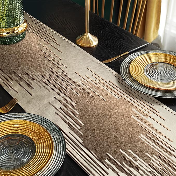 Luxury Champagne Table Runner 13 x 98 Inches Long, Modern Abstract Striped | - Image 5