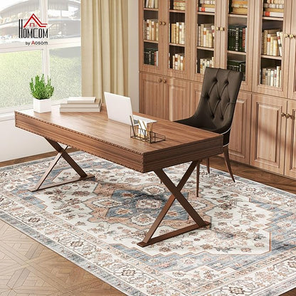 HOMCOM Washable Area Rug, 8'x10' Vintage Indoor Distressed Carpet, Retro Floor Cover Foldable, Floral Print Mat for Living Room, Bedroom, Dining Room, Brown and Light Blue