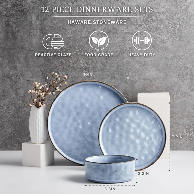 HaWare Dinnerware Sets, 12-Piece Plates and Bowls Set, Reactive Blue | - Image 2