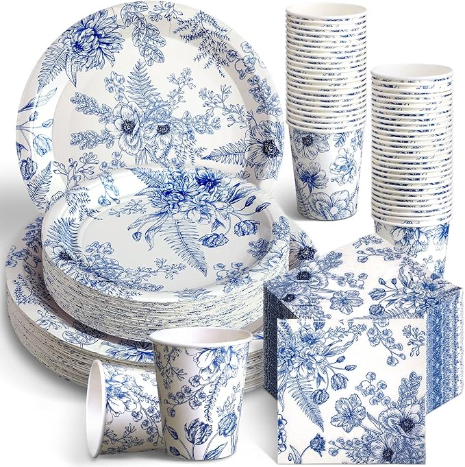 250 Pcs Blue Floral Paper Plates and Napkins Blue Bridal Shower Tea Party by Dandat