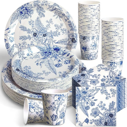 250 Pcs Blue Floral Paper Plates and Napkins Blue Bridal Shower Tea Party by Dandat