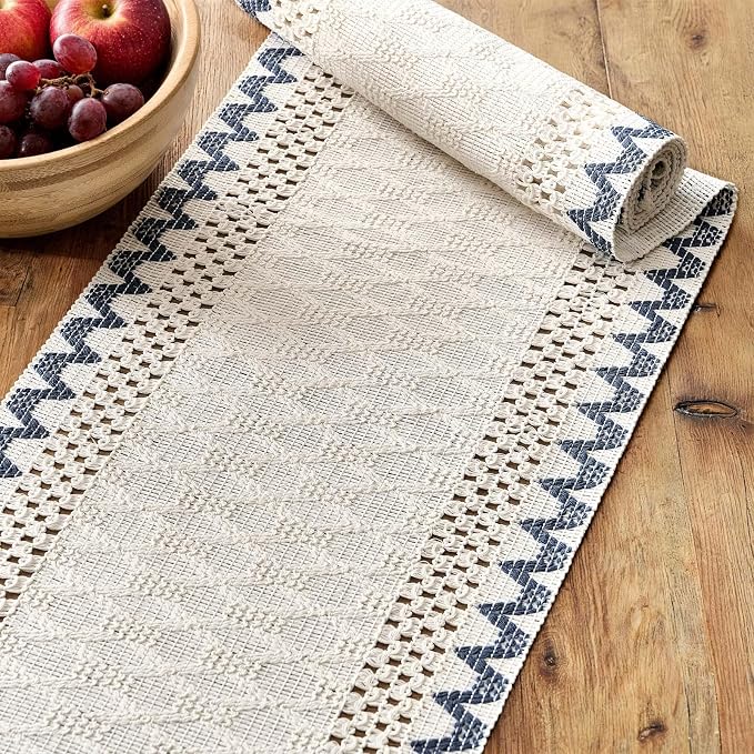 Macrame Side Trim Boho Woven Table Runner, Dusty Blue 12x108 Inch | Crochet - Image 4
