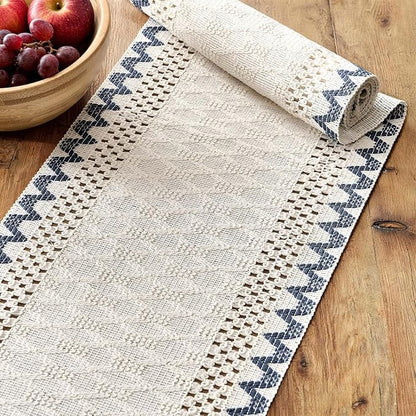 Macrame Side Trim Boho Woven Table Runner, Dusty Blue 12x108 Inch | Crochet - Image 4