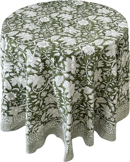 ATOSII Noori Green 100% Cotton Round Tablecloth, Handblock Print Floral Table Cloth for Kitchen Dining Linen I Parties, Weddings, Outdoors I Summer Home Decor 60" Inches Round