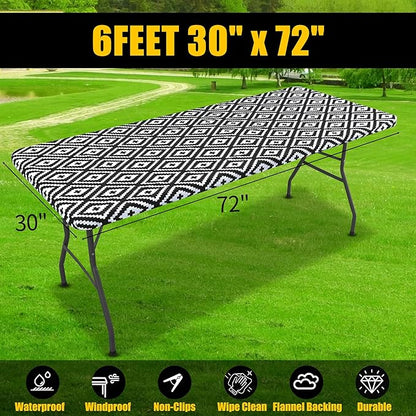 Smiry Rectangle Picnic Table Cloth, Waterproof Elastic Fitted Outdoor Tablecloths for 6 Foot Tables, Wipeable Flannel Backed Vinyl Table Cover for Camping, Dining and Indoor (30"x72", Black)