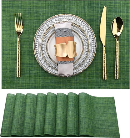 SLKQG Green Placemats Set of 8 - Wipe Clean Vinyl Placemats - Washable Heat Resistant PVC Placemats for Dining Table - 17x12 Inch (Green, 8)