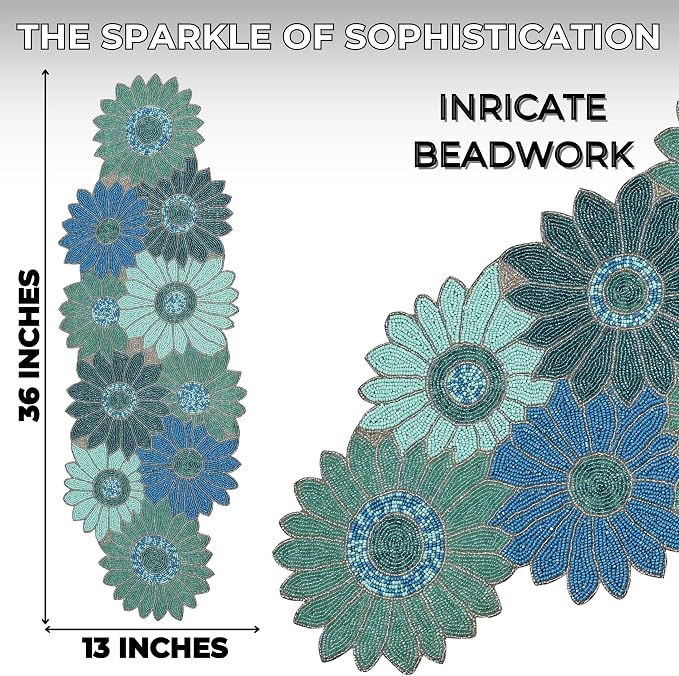 Floral Beaded Table Runner, 13x36 | Glass beads, polyester backing, handcrafted - Image 4