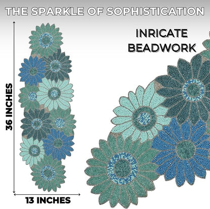 Floral Beaded Table Runner, 13x36 | Glass beads, polyester backing, handcrafted - Image 4