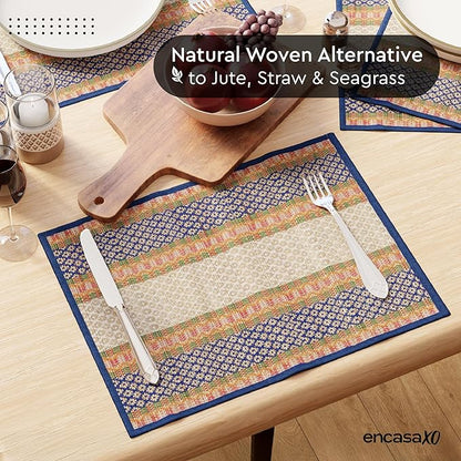 Encasa XO Woven Blue Placemats Set of 4 – 12" x 17" | Handwoven Madurkathi Grass Table mats for Dining Table, Kitchen & Outdoor Decor | Durable & Heat‑Resistant