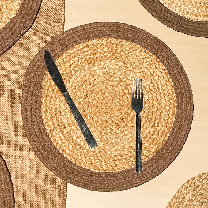Verona Round Woven Jute Cotton Placemat, 14 Inch | Braided, Natural Jute - Image 2