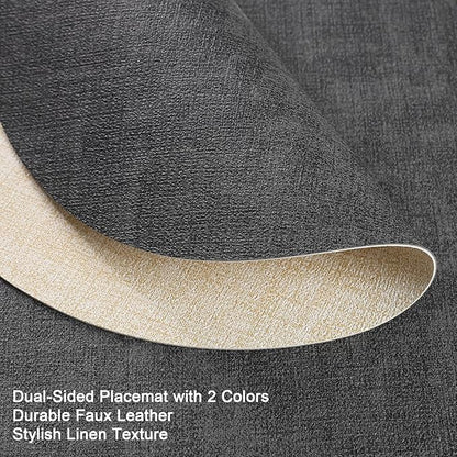 Placemats and Coasters, Washable Reversible Placemats Round Faux Leather Wipeable Place Mats Non Slip Heat Resistant Indoor Outdoor Table Mats (Set of 4, Gray Cream)