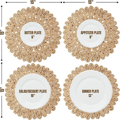 15" Corn Husk Woven Round Placemats Set of 6 - Wicker Boho Farmhouse Placemats - Rattan Table Mats Like Water Hyacinth for Dining Table, Wedding, Home