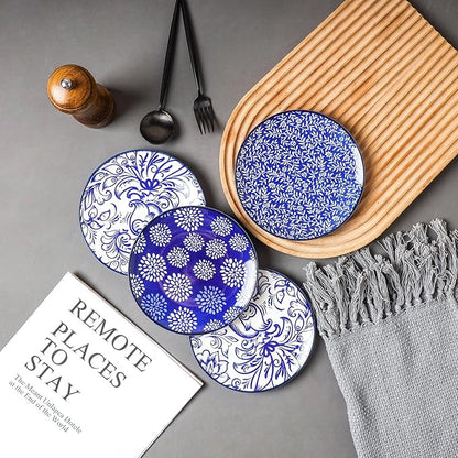 Selamica Dessert Plates Ceramic, 6 Inch Embossed Small Plates for Appetizer, Cake, Snacks, Microwave Dishwasher Safe, Set of 4, Blue
