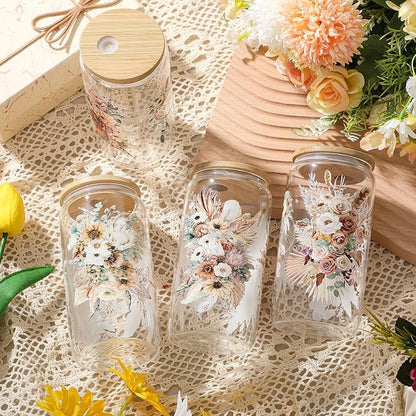 Mumufy 4 Pack Wildflower Glass Cups Gift Aesthetic Cute Glass Cup Tumbler - Image 4