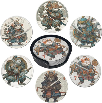 Japanese Cat Coasters Leather Round Drink Coasters 6 Pcs Set with Holderor for Cup Drink Coffee Table Bar Home Decor