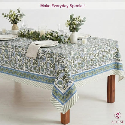 ATOSII Clover Blue 100% Cotton Square Fall Tablecloth, Handblock Floral Linen Table Cloth for Kitchen Dining Table I Parties Christmas Thanksgiving I Fall Home Decor 60 X 60 Inches I 4 Seater
