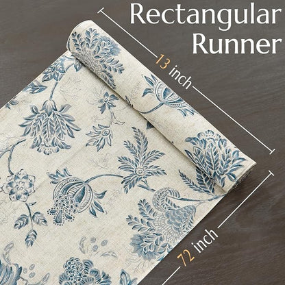 jinchan Blue Floral Linen Table Runner 13 x 72 Inch Farmhouse | Solid color - Image 5